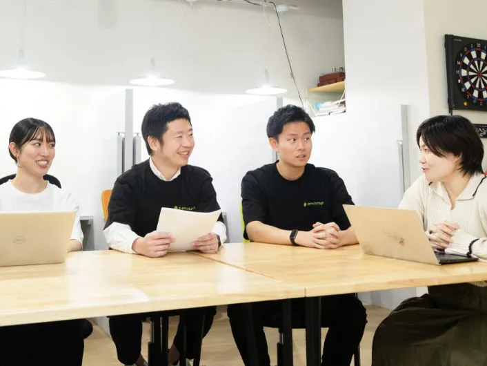 朝礼でメンバーがテーブルに並び、資料やノートパソコンを使って打ち合わせをしている様子。